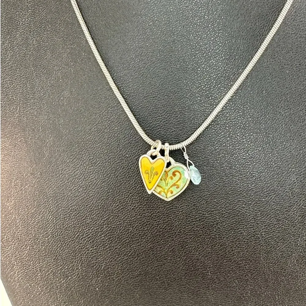 Brighton Gratitude Love 2 Hearts blue gem reversible necklace